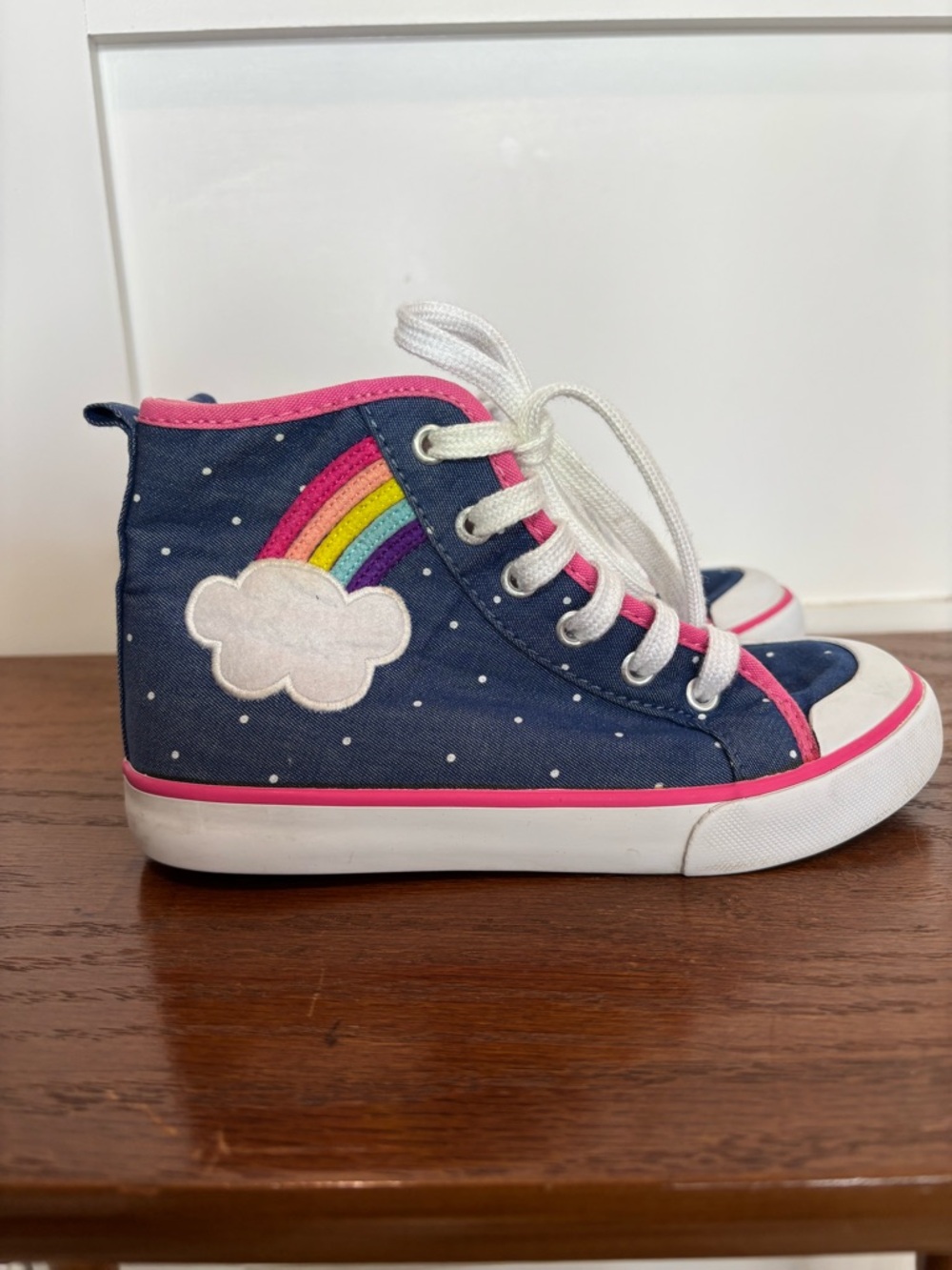 Gymboree Navy High-Top Sneakers with Rainbow and Pink Trim polka dots - Picture 2 of 12